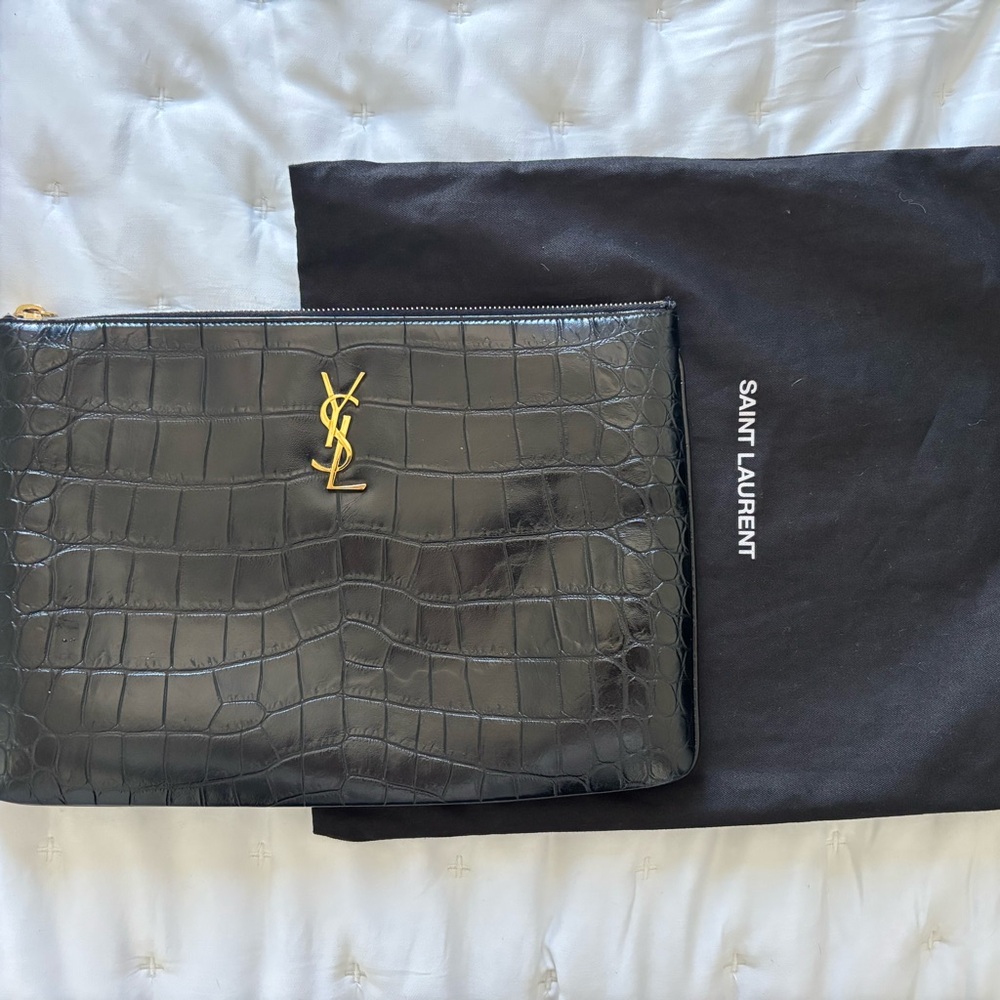 Saint Laurent YSL Black Crocodile Large Embossed Clutch Pouch $825